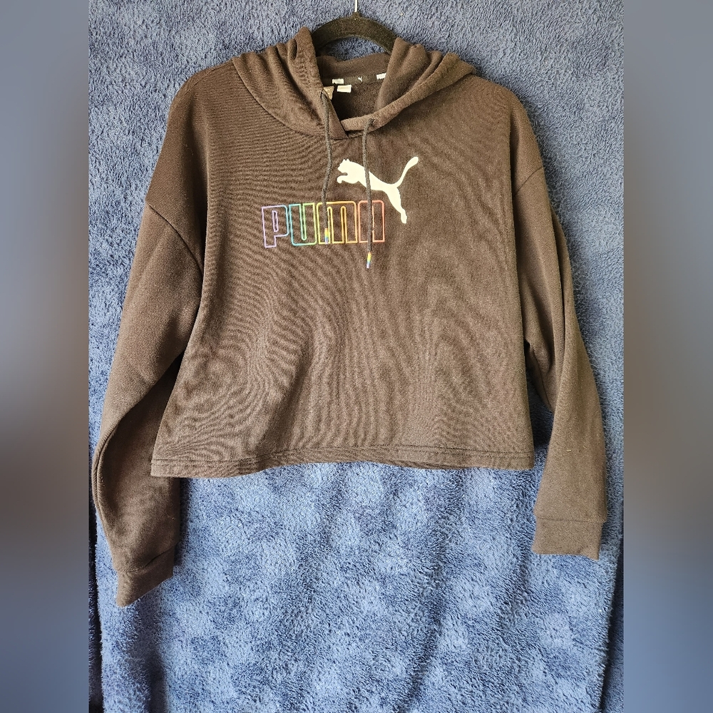 PUMA Cropped Hoodie W Logo Womens Size Large Black Long Sleeve Pullover
